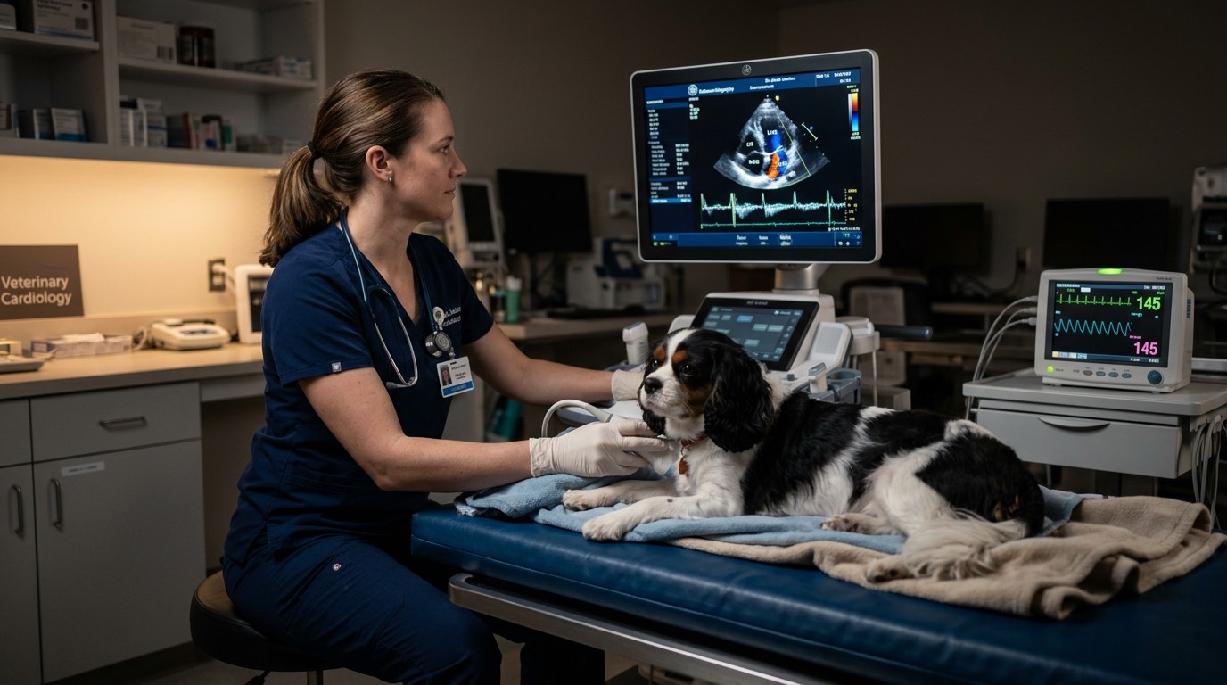 Veterinary cardiologist using ultrasound to examine a dog's heart