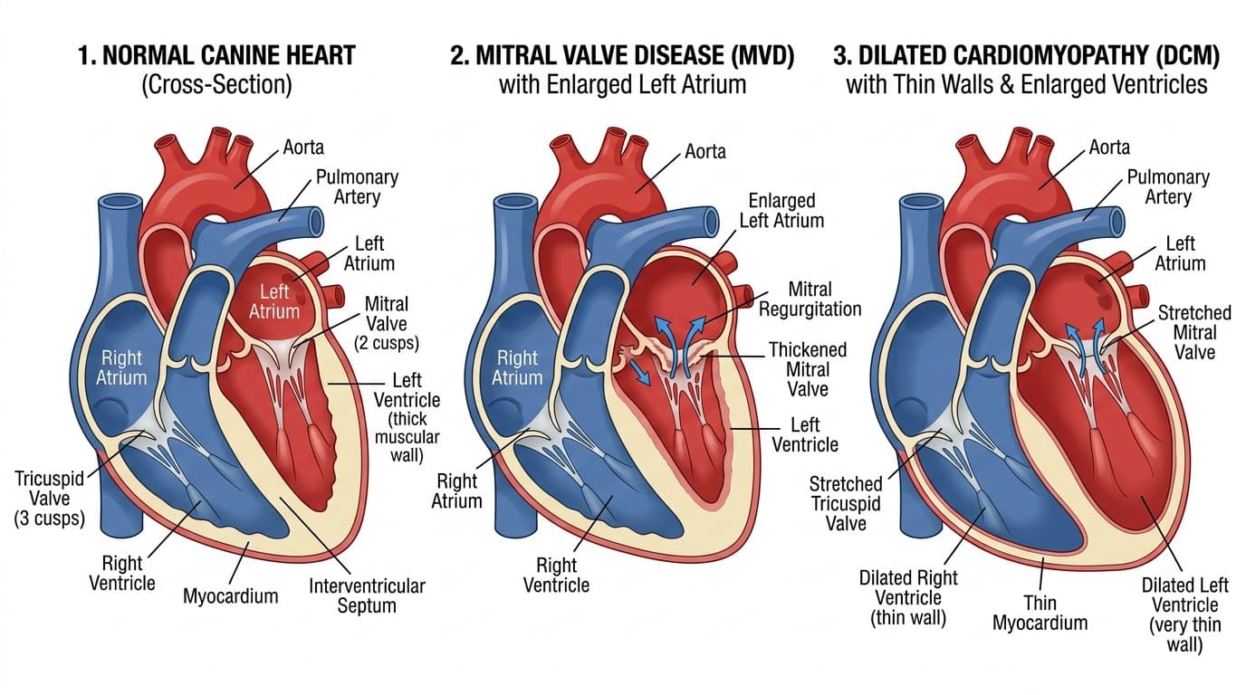 Veterinary illustration comparing healthy dog heart with dilated cardiomyopathy and mitral valve disease