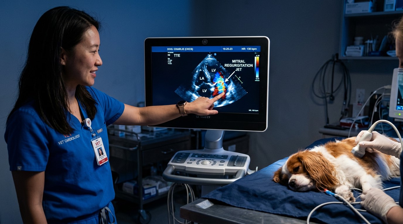 Echocardiography screen showing a dog heart with mitral valve regurgitation