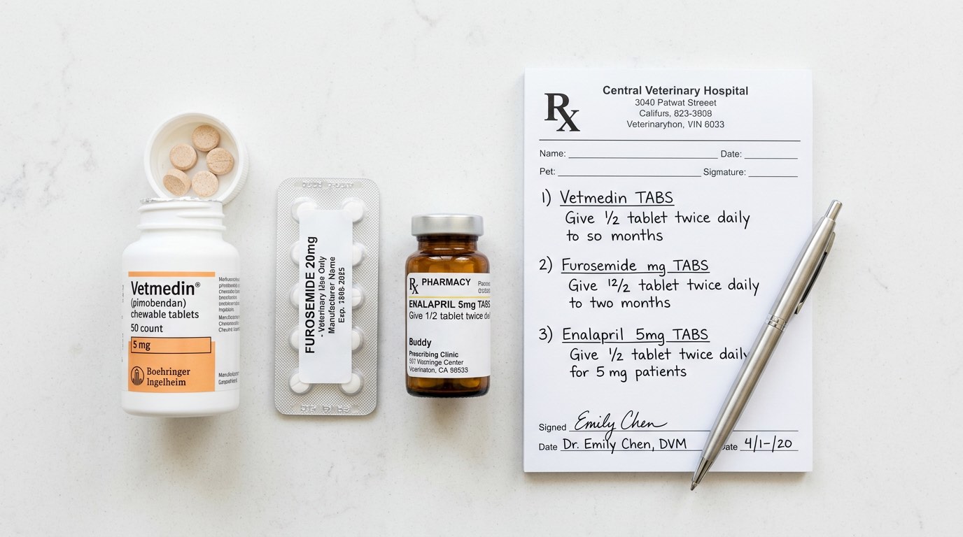 Veterinary medications for CHF including pimobendan, furosemide, and enalapril