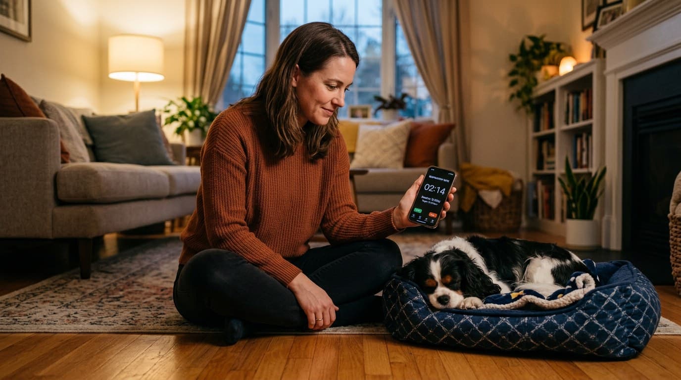 Pet owner counting resting respiratory rate of their sleeping dog with a timer
