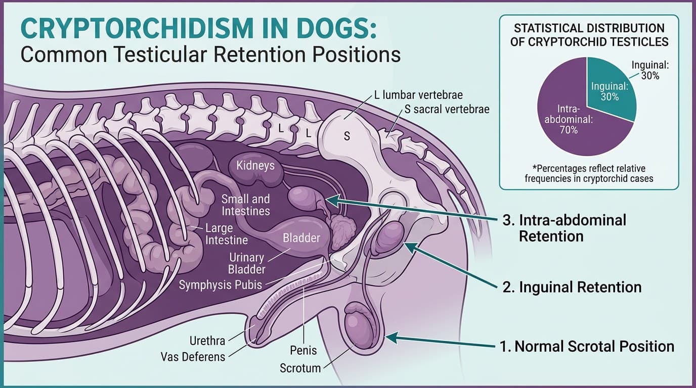 Cryptorchidism classification diagram showing inguinal vs abdominal retention locations in dogs