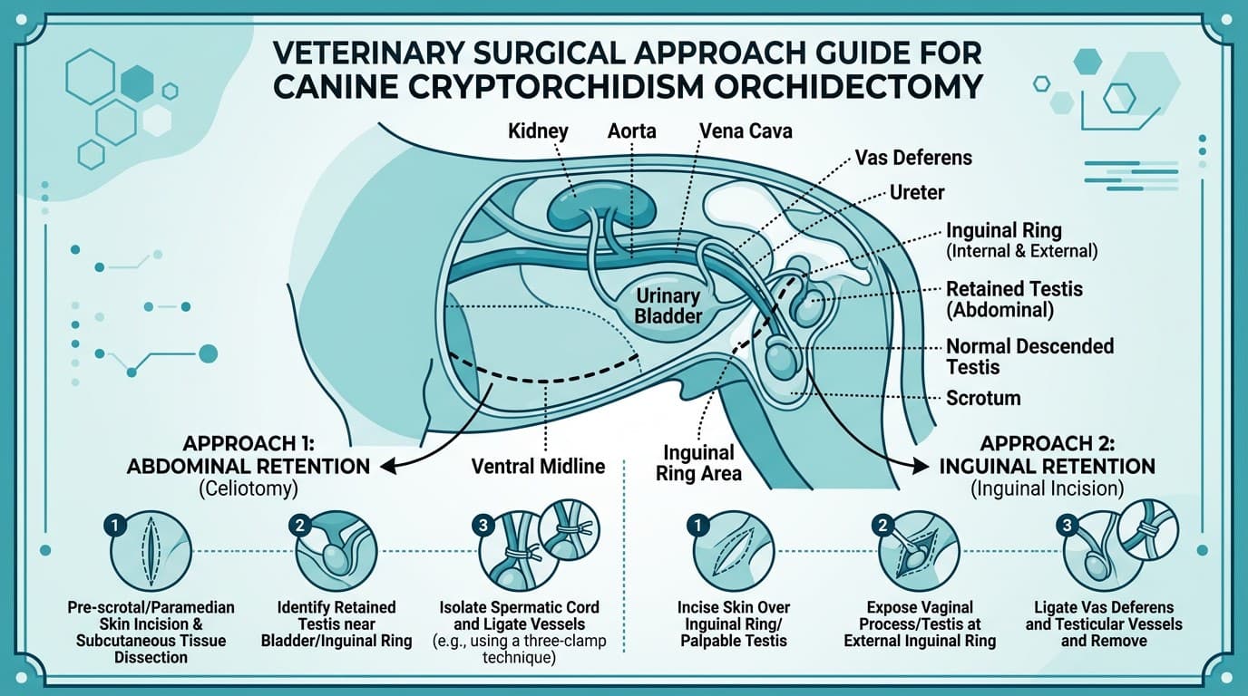 Surgical approach guide for cryptorchid orchidectomy showing inguinal vs abdominal incision locations