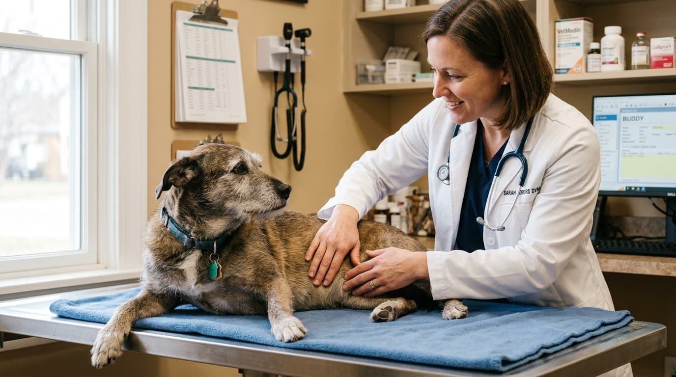 Veterinarian gently examining a senior dog during an endocrine health check-up