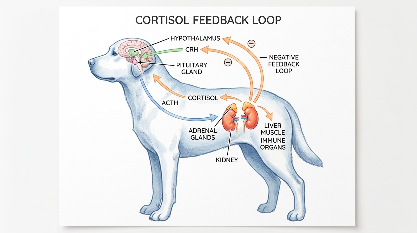 Diagram showing the adrenal glands and pituitary gland in a dog's endocrine system