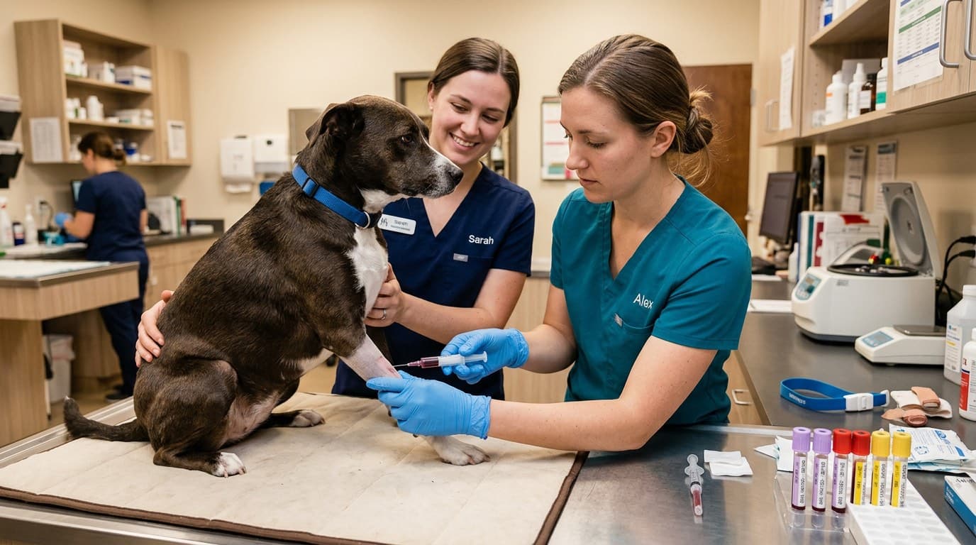 Veterinary technician drawing blood from a dog for Cushing's disease diagnostic testing