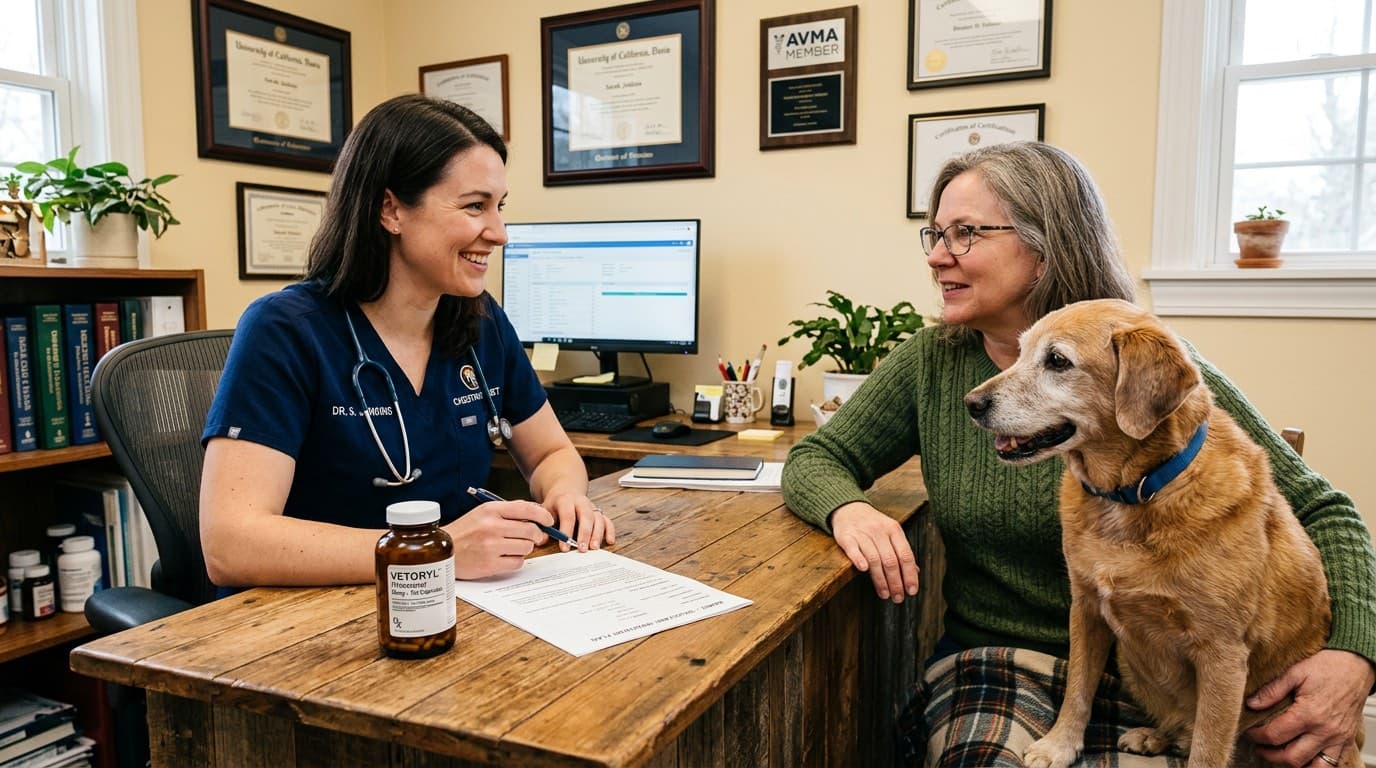 Veterinarian discussing Cushing's disease medication options with a dog owner