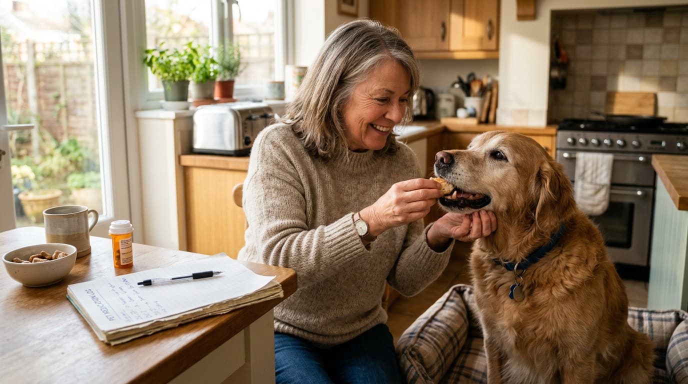 Owner administering medication to their dog at home with food as part of Cushing's disease management
