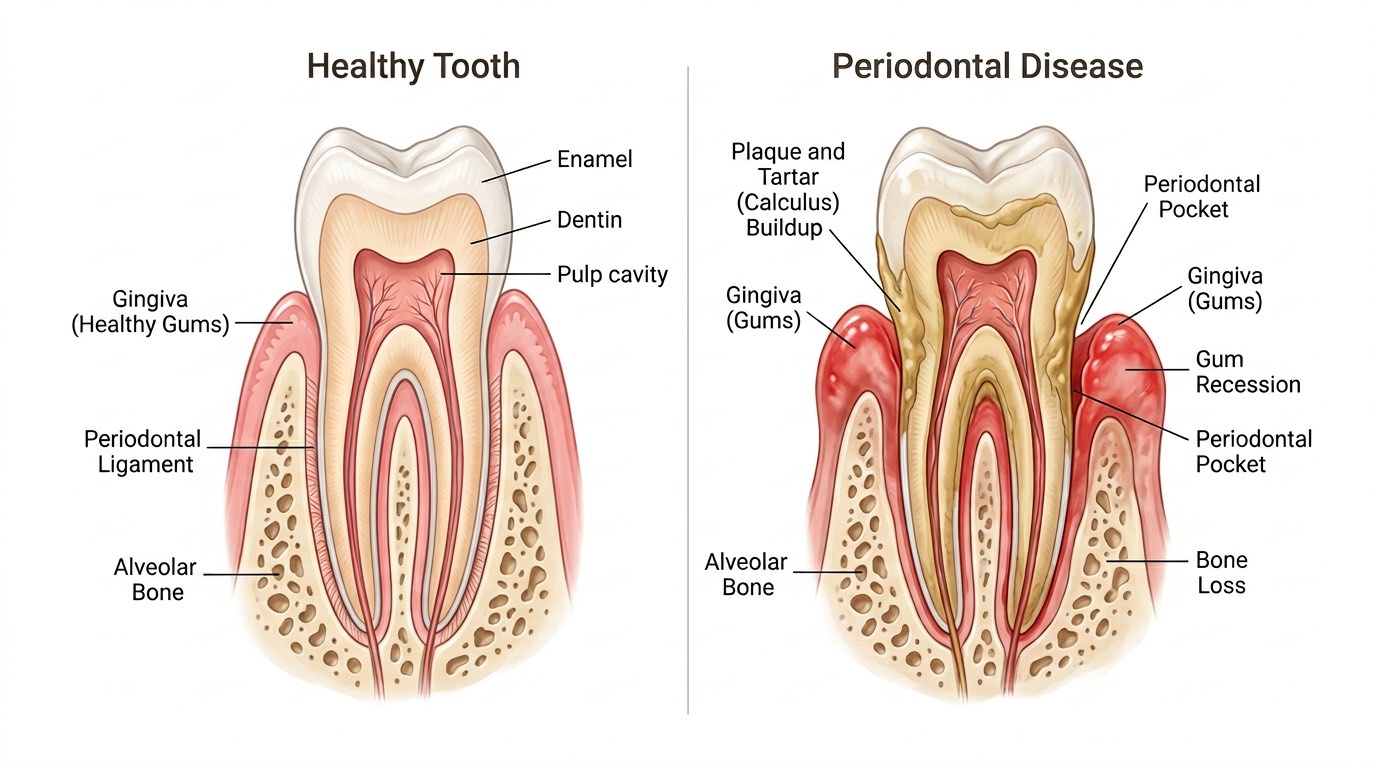 Cross-section diagram showing healthy tooth structures versus periodontal disease progression in a pet