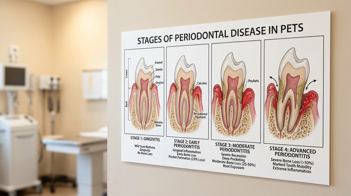 Visual chart showing the four stages of periodontal disease in dogs and cats from gingivitis to severe periodontitis