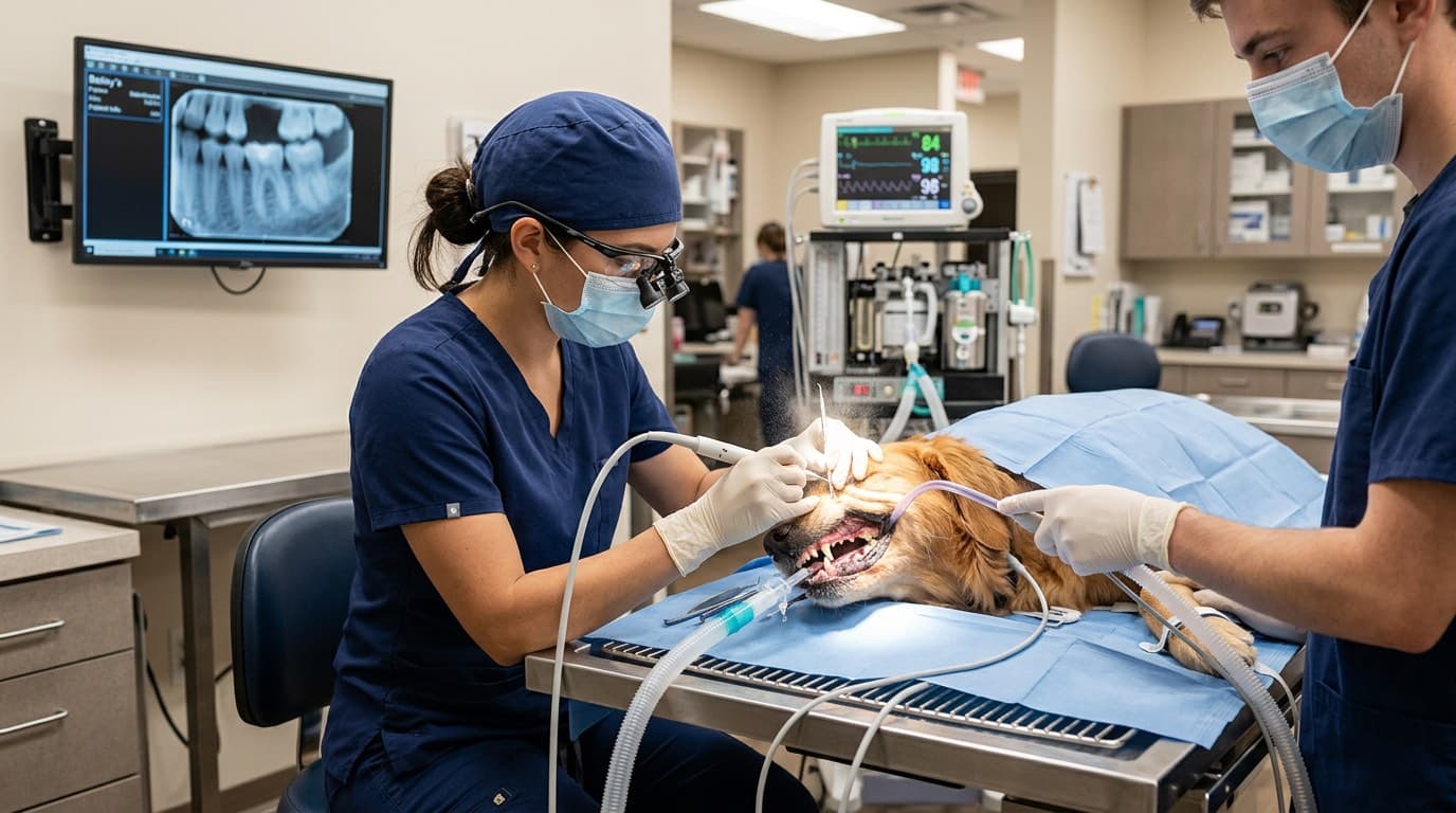 Veterinary team performing a professional dental cleaning on an anesthetized dog with dental instruments