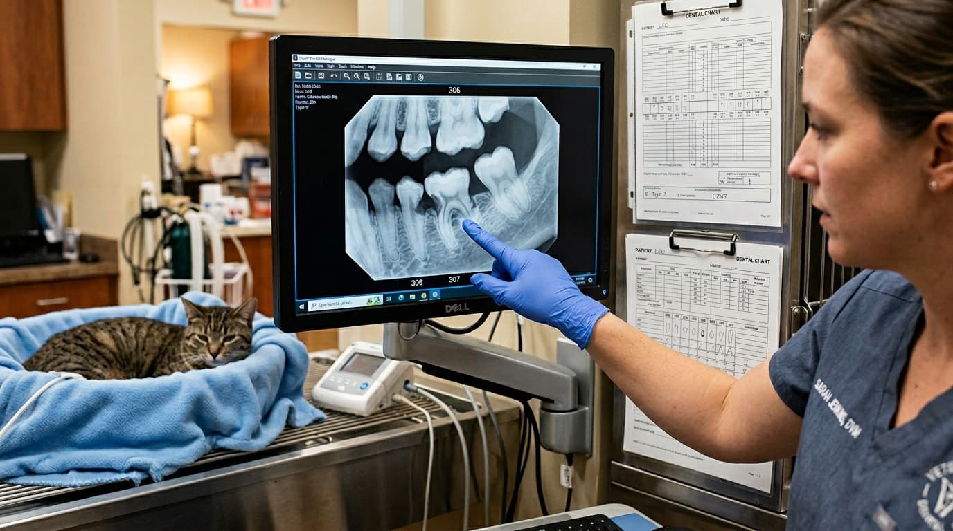 Dental radiograph showing a feline odontoclastic resorptive lesion (FORL) in a cat tooth