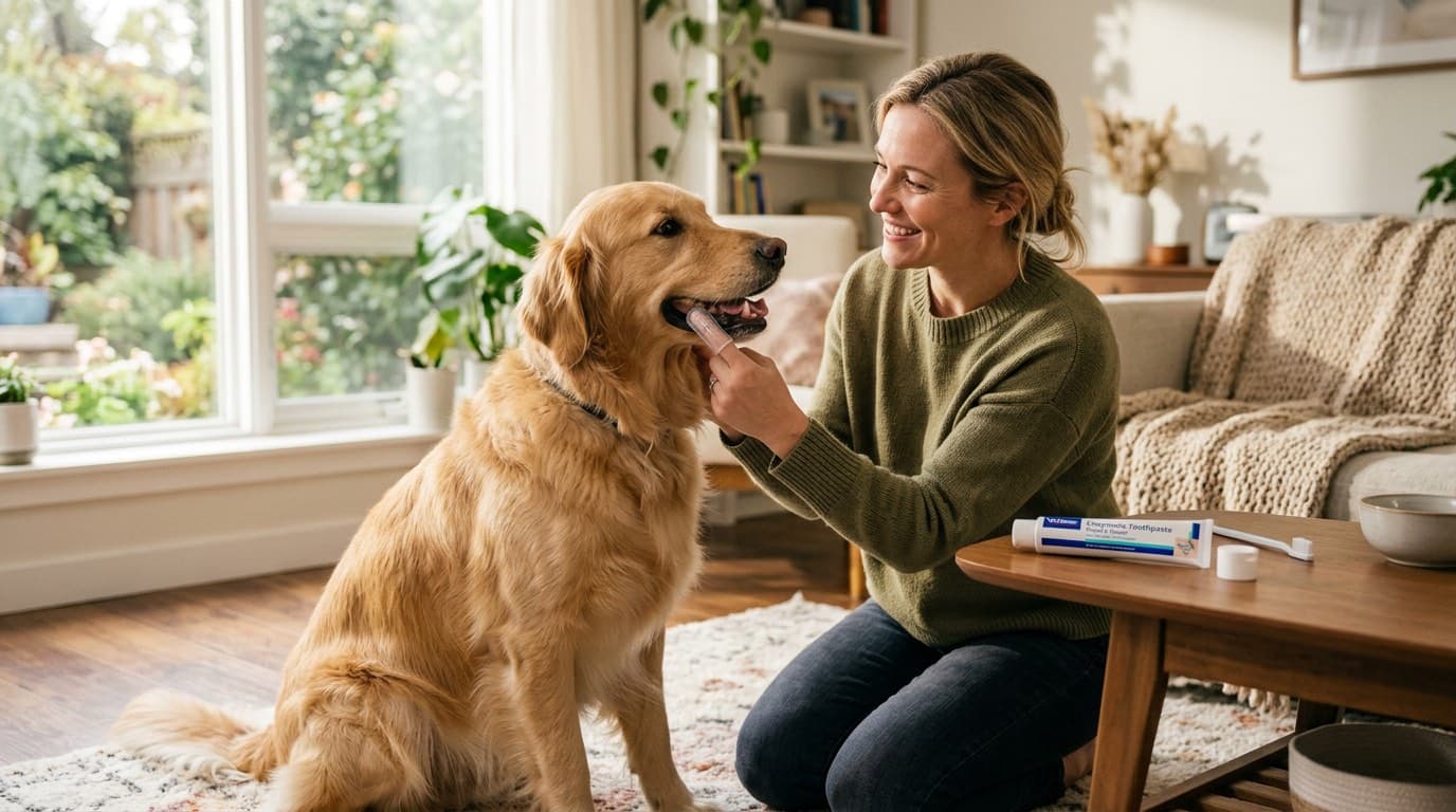 Pet owner brushing their dog's teeth at home with a pet-safe toothbrush and toothpaste
