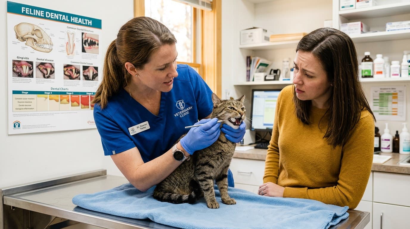 Veterinarian showing a pet owner the results of their cat's dental examination