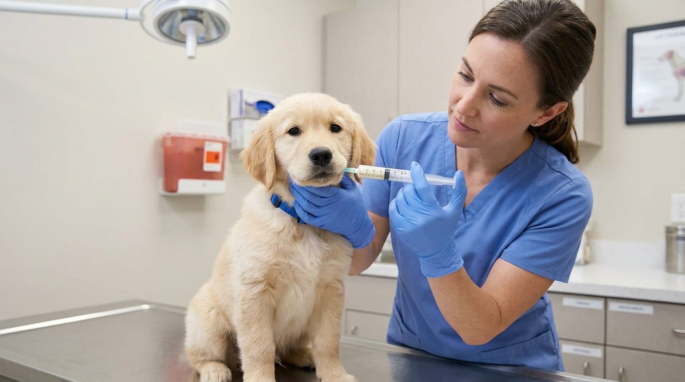Veterinarian examining fecal float results with visible parasite eggs under microscope