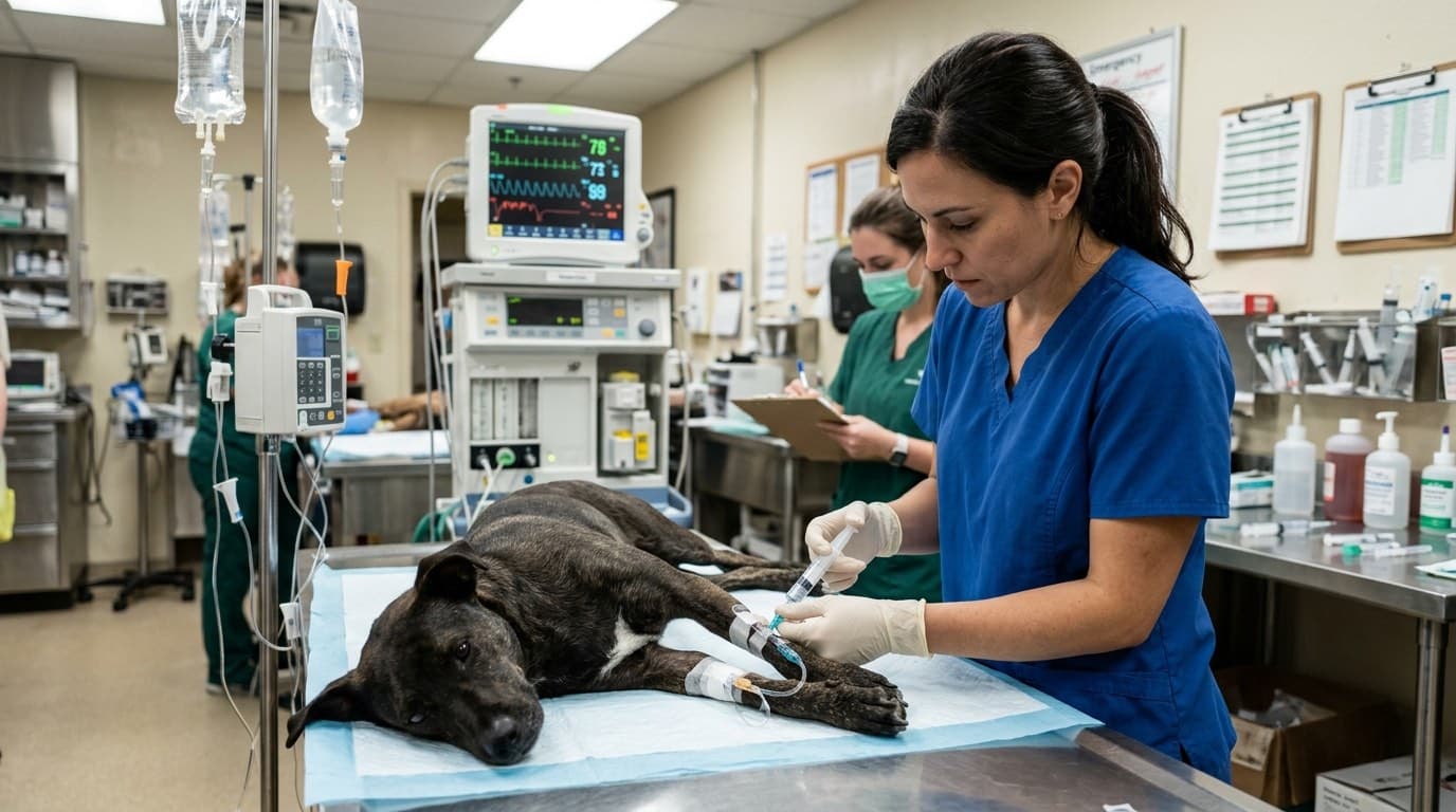 Emergency veterinarian administering dexamethasone IV to a critical dog