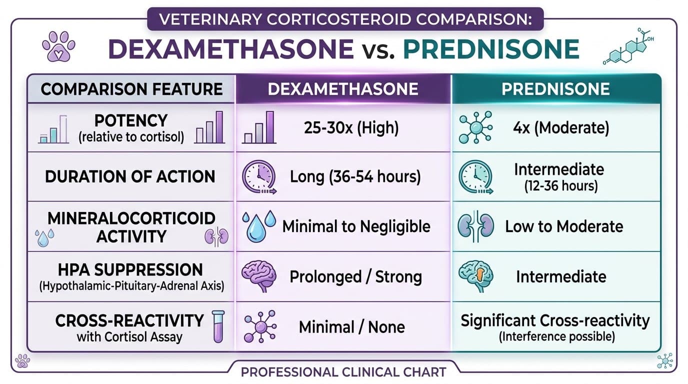 Comparison chart of dexamethasone vs prednisone potency, duration, and mineralocorticoid activity