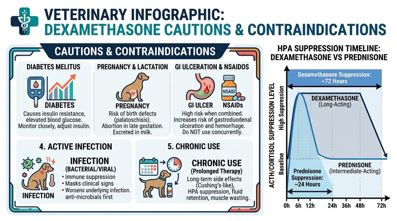 Dexamethasone contraindications and HPA suppression timeline infographic