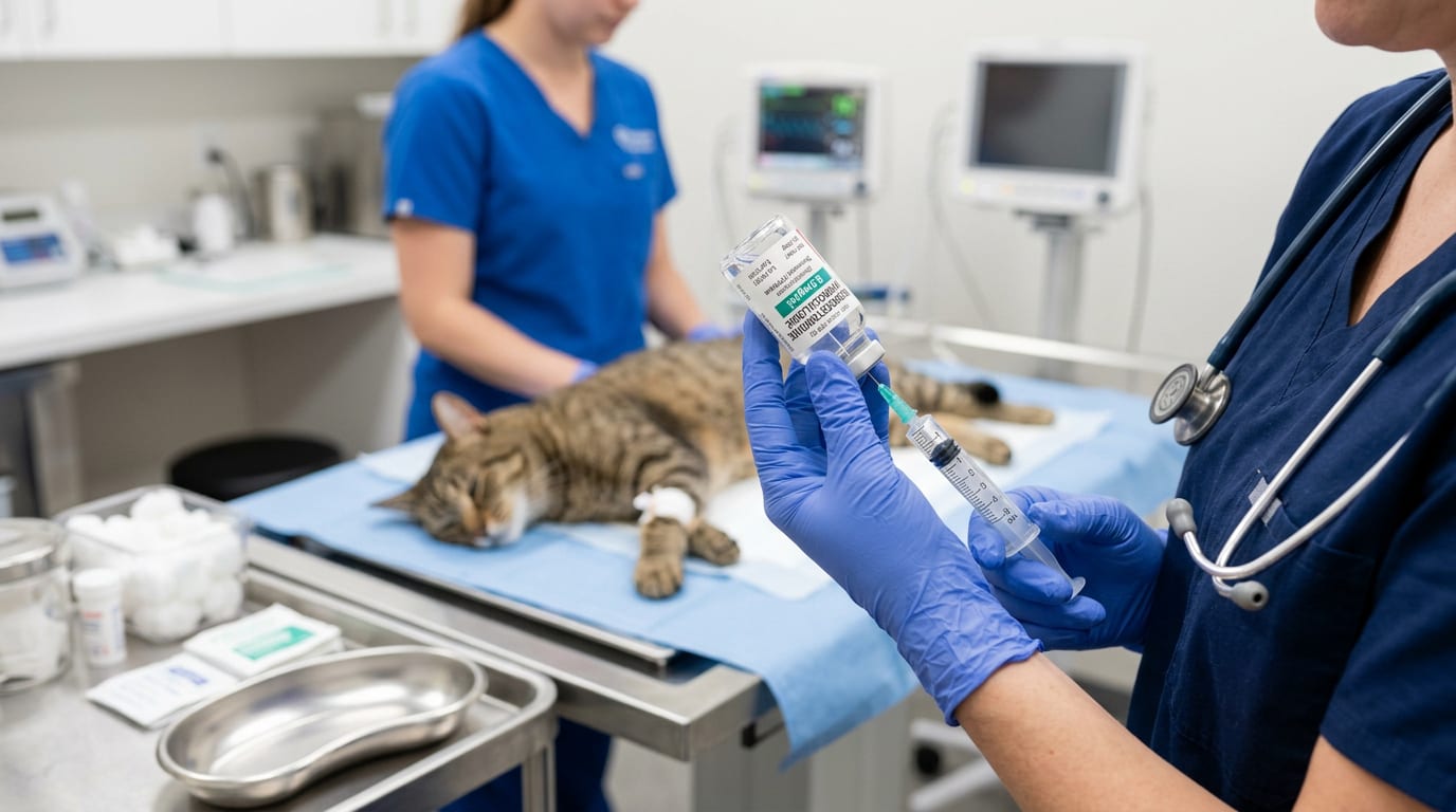 Veterinary anesthesiologist drawing up dexmedetomidine in a syringe for perioperative sedation of a dog