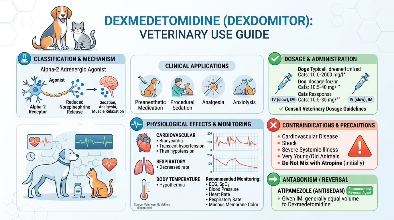 Dexmedetomidine dosing chart for dogs and cats showing IM and CRI protocols with combination drugs
