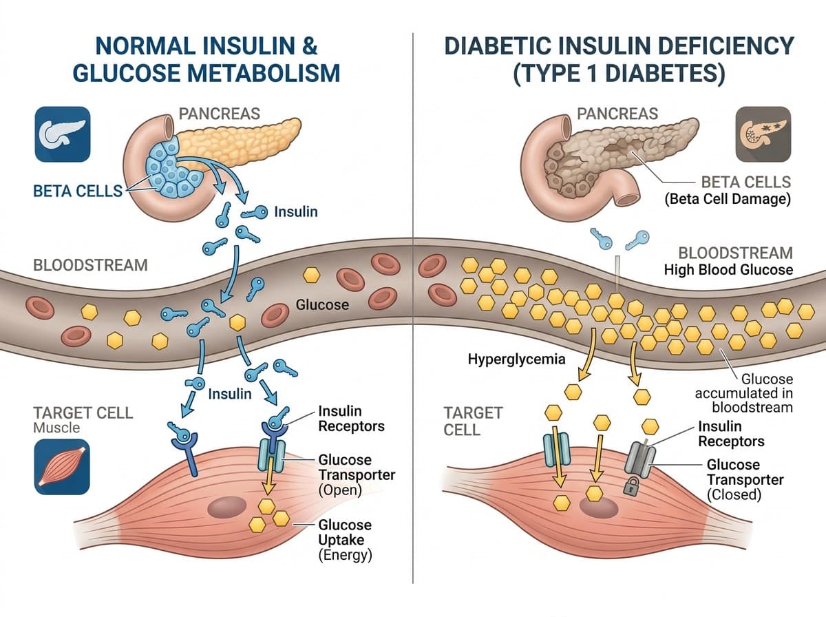 Illustration showing normal insulin function compared to diabetic insulin deficiency in dogs and cats