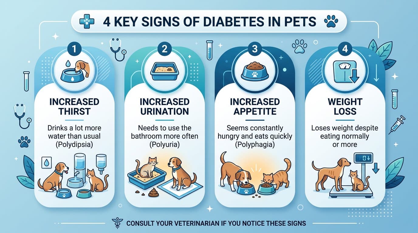 Infographic showing the four classic signs of diabetes in pets: increased thirst, urination, appetite, and weight loss