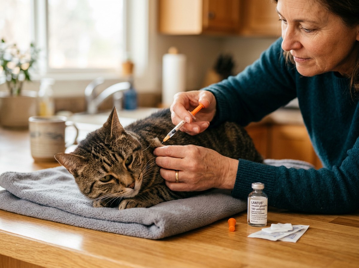Close-up of an owner giving a subcutaneous insulin injection to a calm cat at home