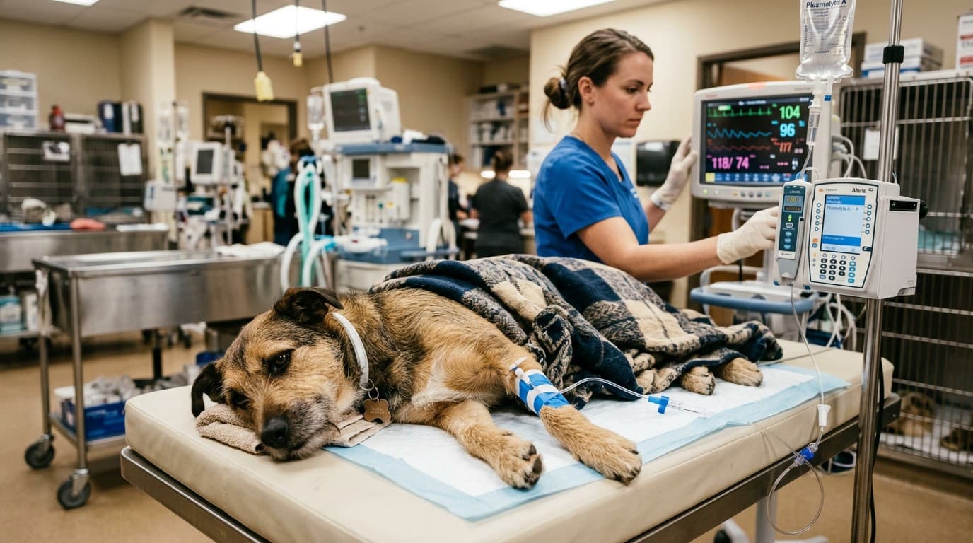 Dog receiving intravenous fluid therapy in a veterinary ICU, illustrating emergency DKA treatment