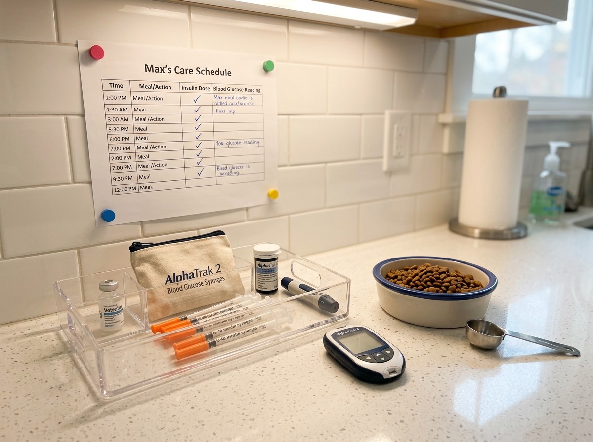 Organized home care station showing insulin, glucometer, feeding schedule, and pet food for a diabetic pet