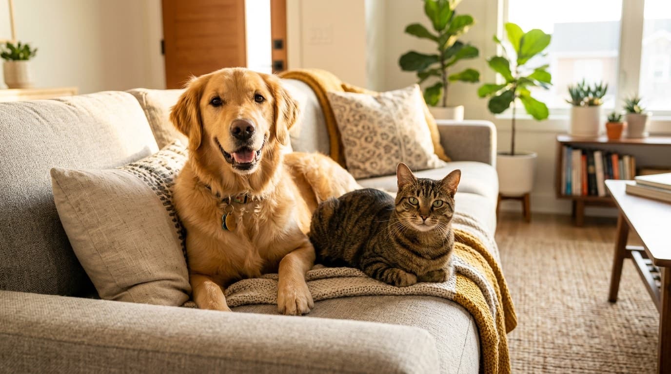 Happy dog and cat playing together in a home, representing well-managed diabetic pets living full lives