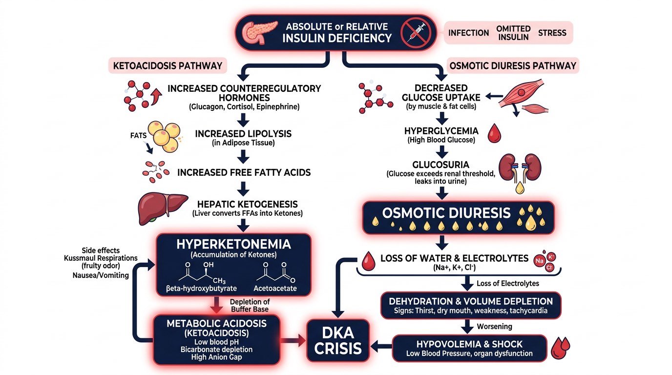 DKA pathophysiology flowchart and clinical recognition