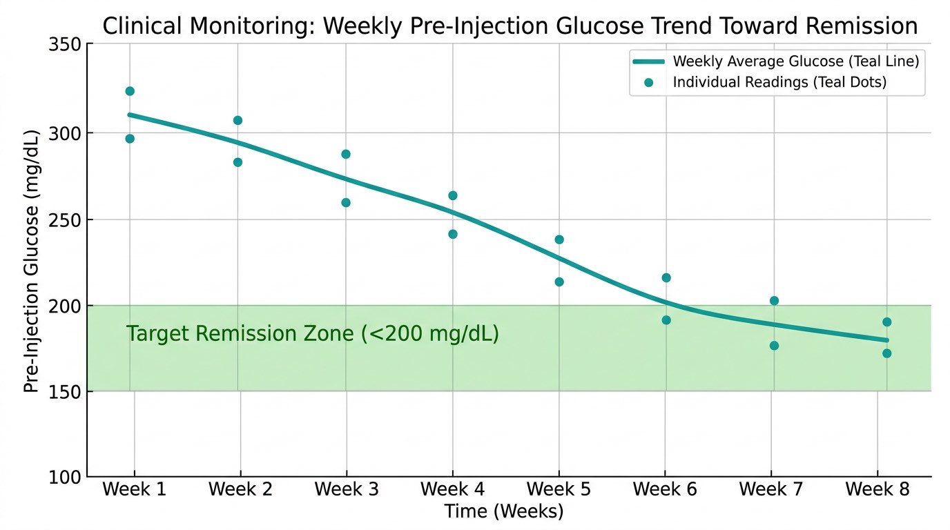 Glucose chart showing declining pre-injection values indicating approaching diabetic remission