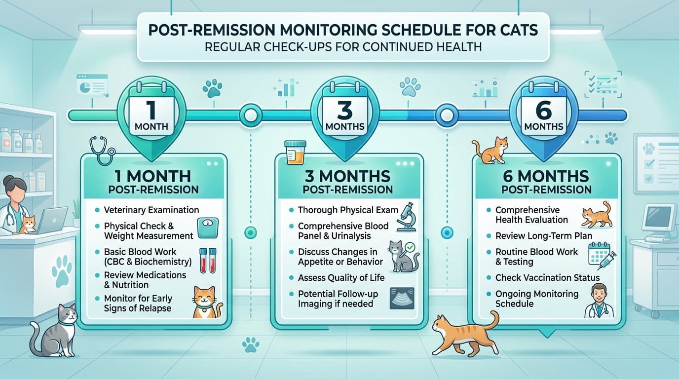 Long-term monitoring schedule for diabetic cats in remission showing recheck intervals