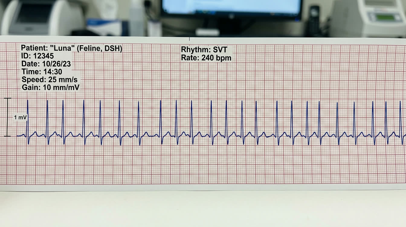 ECG showing supraventricular tachycardia at 240 bpm in a cat with HCM