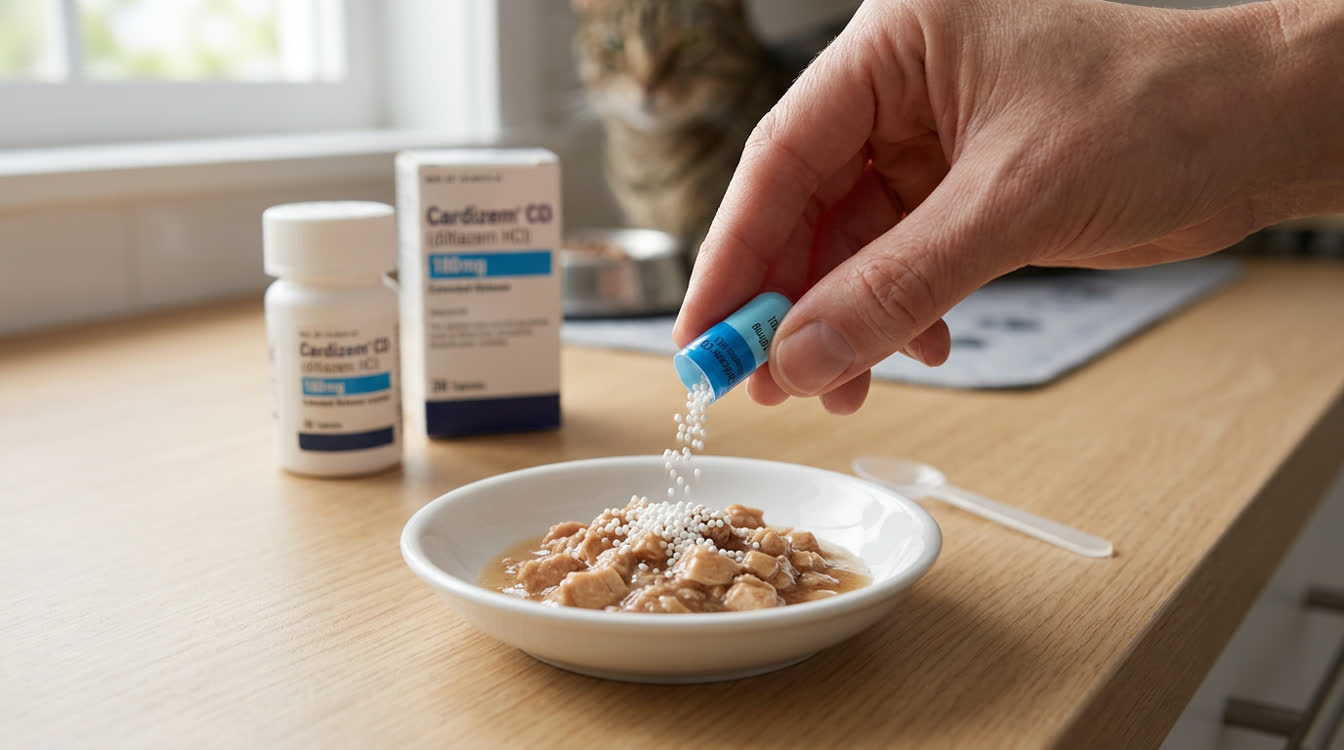 Cardizem CD capsule opened with beads being mixed into wet cat food for HCM treatment