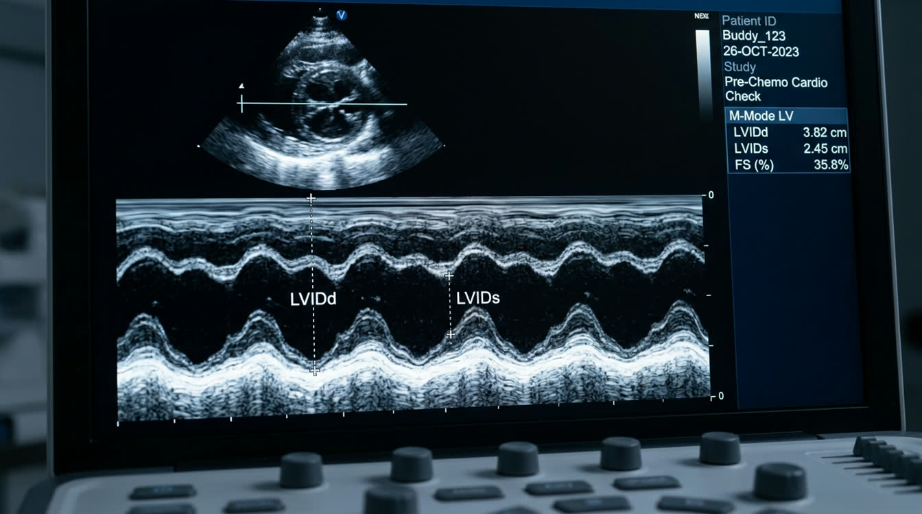 Echocardiogram showing fractional shortening measurement before doxorubicin therapy