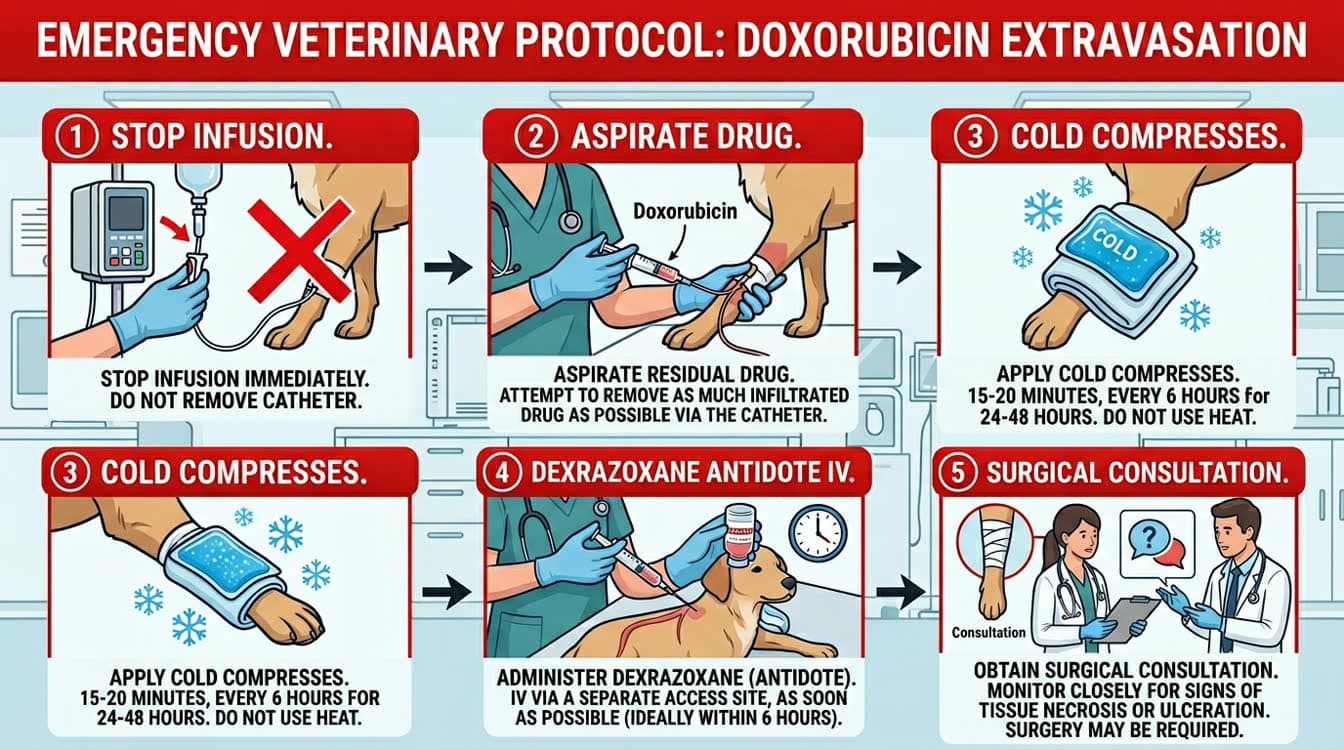 Doxorubicin extravasation protocol infographic showing cold compresses and dexrazoxane treatment steps