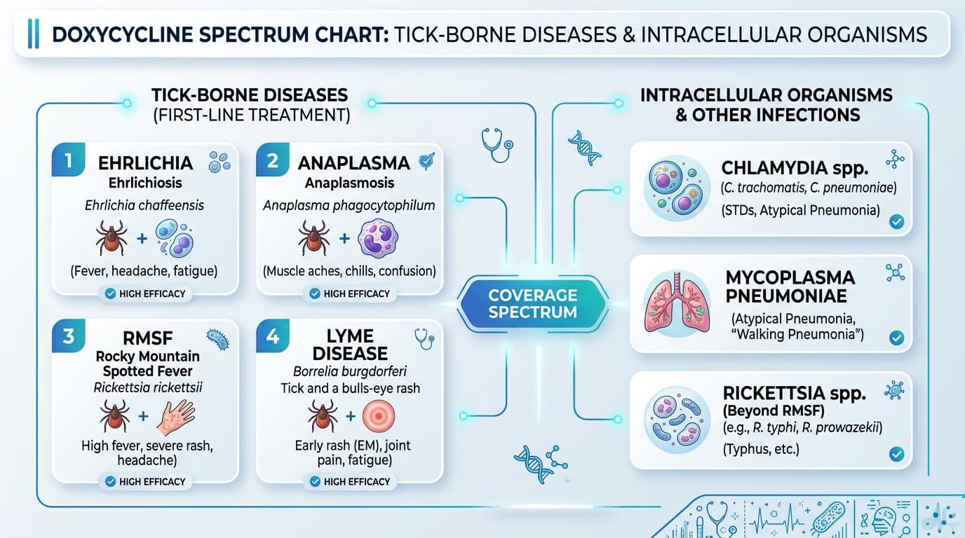 Doxycycline spectrum showing tick-borne and intracellular organisms