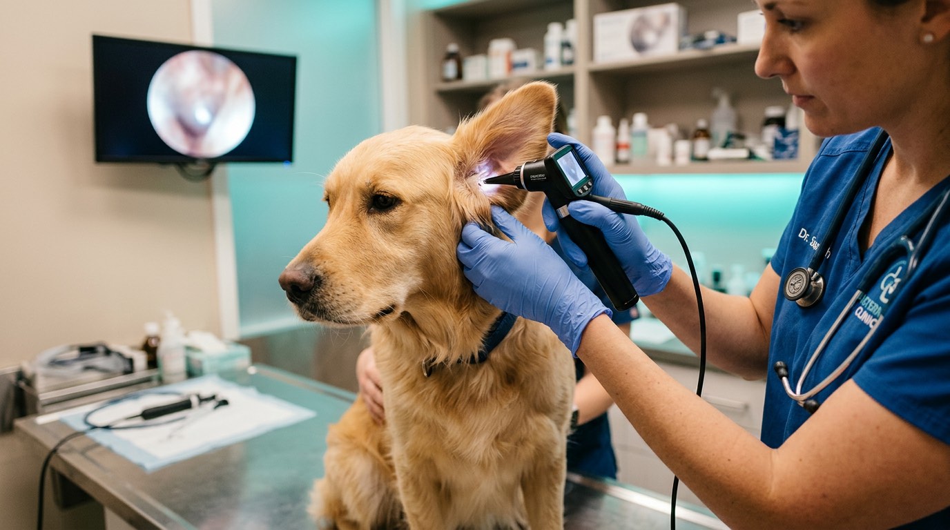 Veterinarian examining a dog's ear canal with a video otoscope