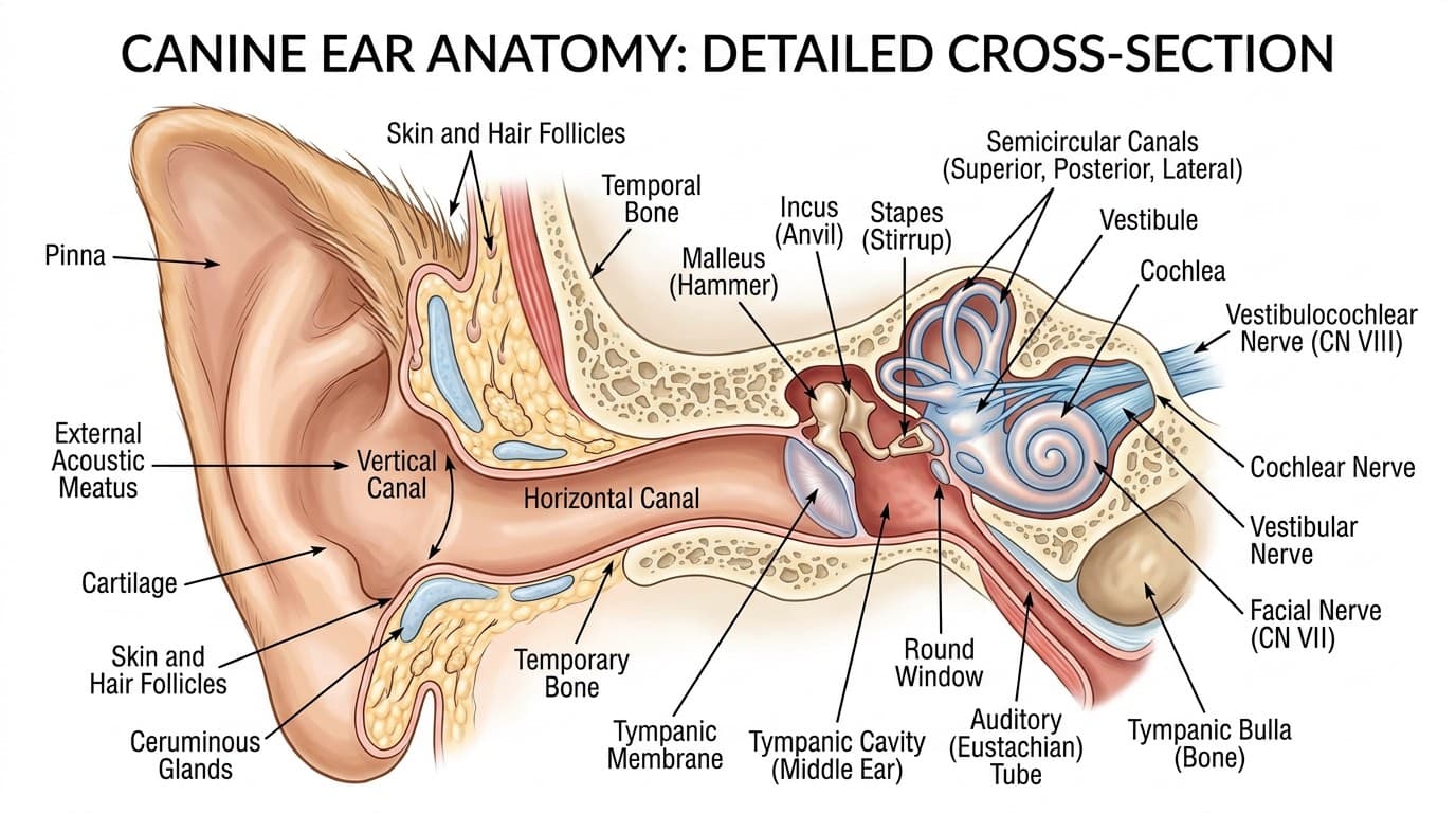 Anatomical diagram of the canine ear showing external, middle, and inner ear