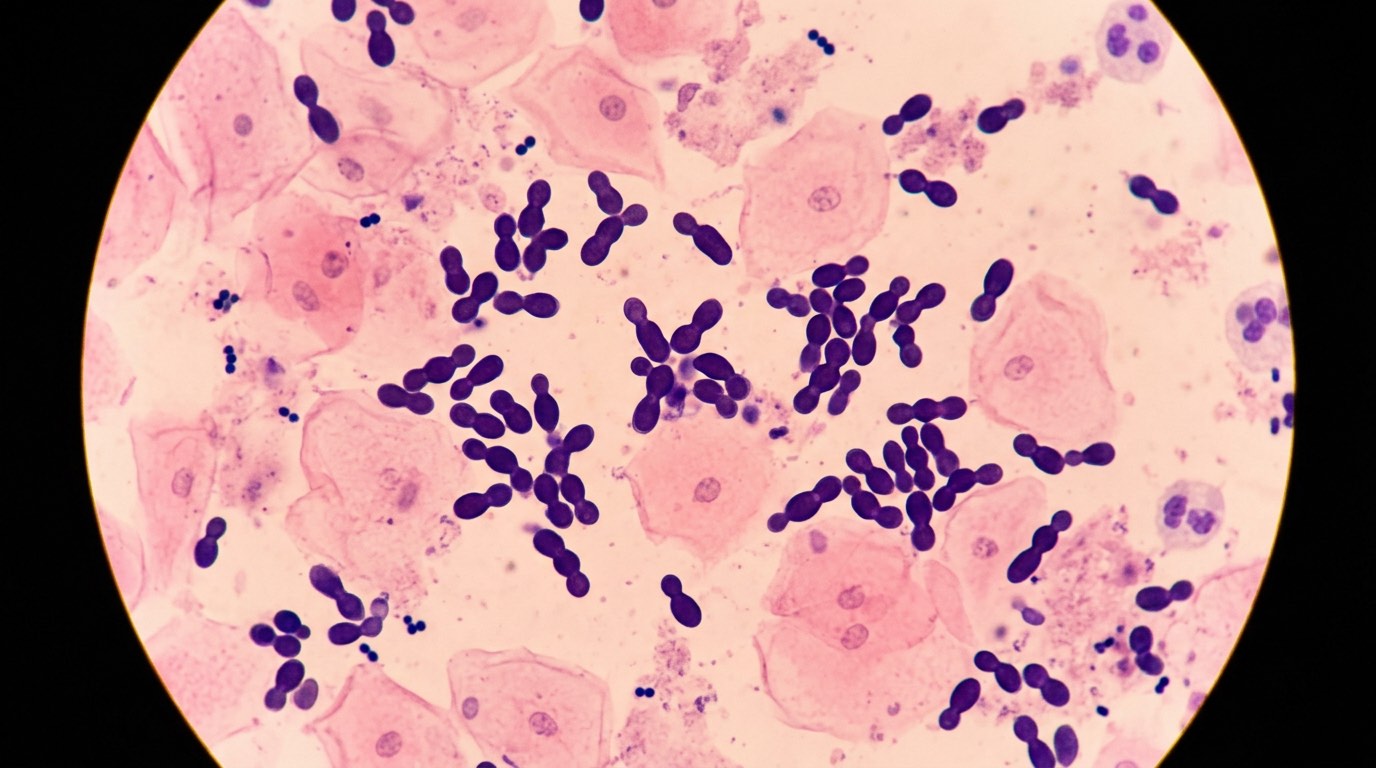 Microscopic view of ear cytology showing Malassezia yeast organisms