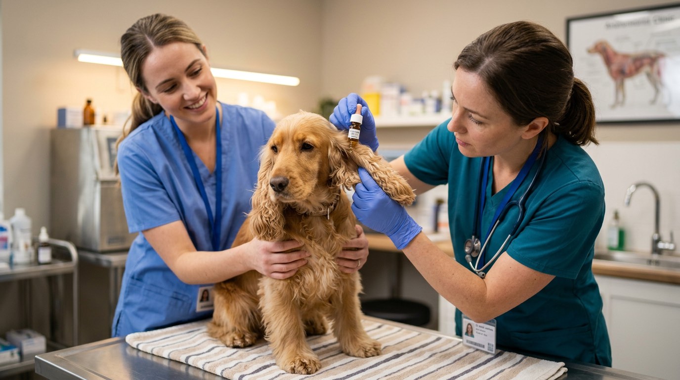 Veterinarian applying topical ear medication to a dog