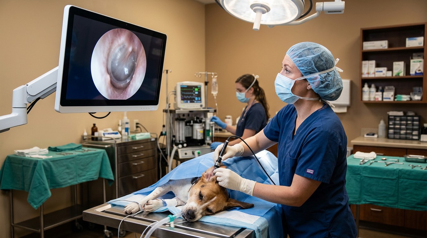 Video otoscope view of a dog's ear canal during examination