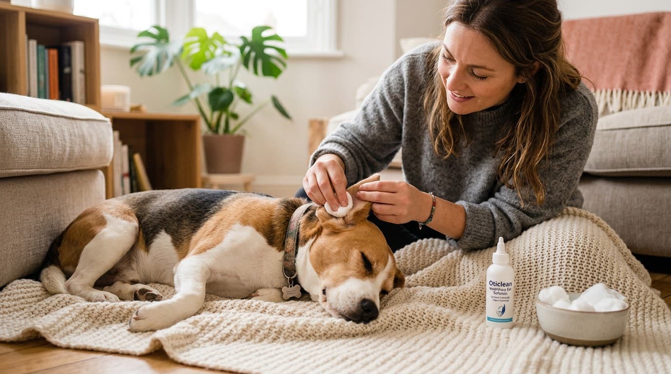 Owner cleaning a dog's ears at home with veterinary ear cleaner