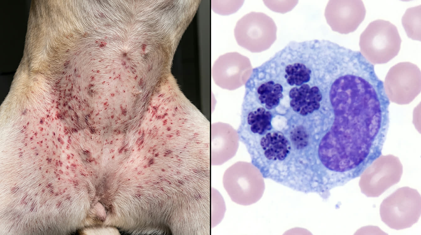 Thrombocytopenic petechiae on the abdomen of a dog with ehrlichiosis and blood smear with morulae