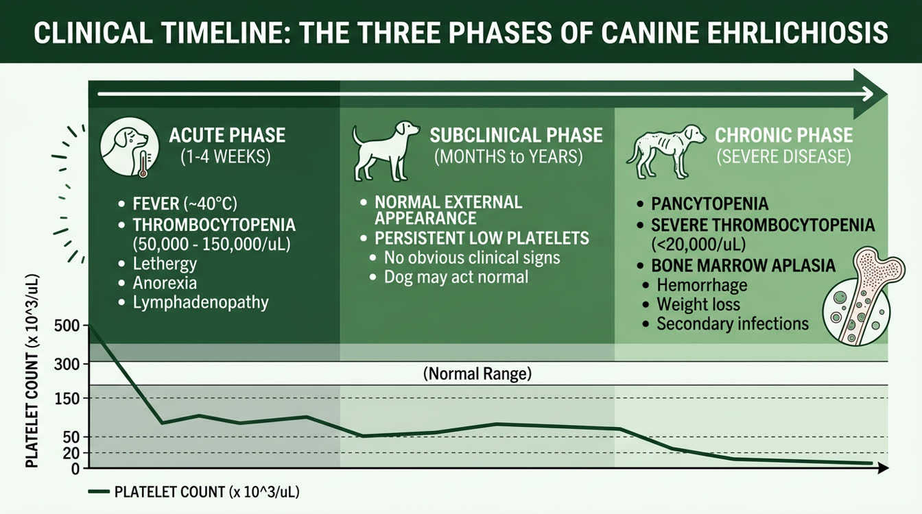 Timeline diagram of ehrlichiosis three phases with CBC changes: acute thrombocytopenia, subclinical, chronic pancytopenia