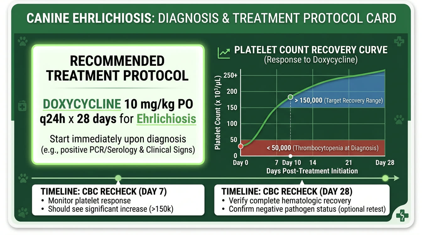 Doxycycline dosing card for ehrlichiosis and platelet count recovery timeline