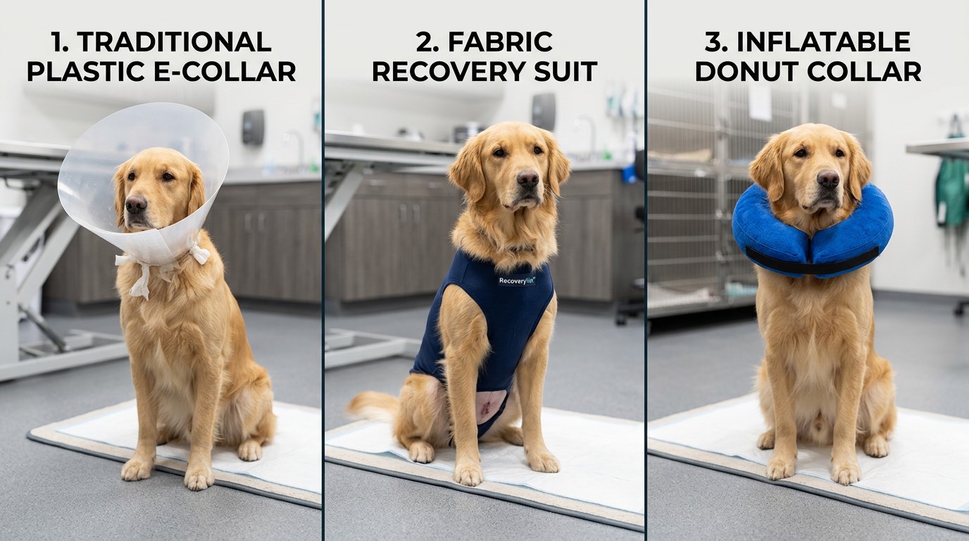 Comparison of Elizabethan collar versus recovery suit versus soft donut collar for post-surgical wound protection in dogs