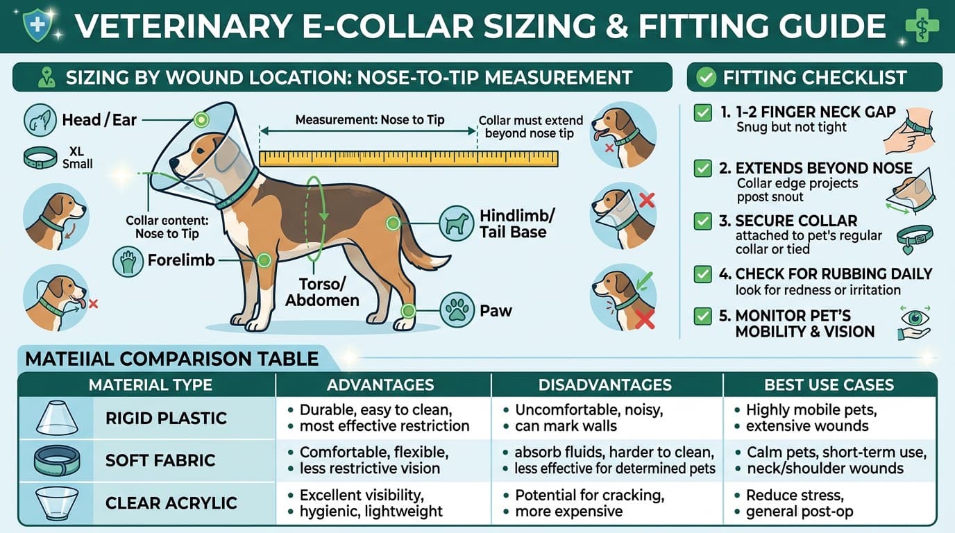 Elizabethan collar sizing guide showing proper length and neck gap fitting for dogs and cats