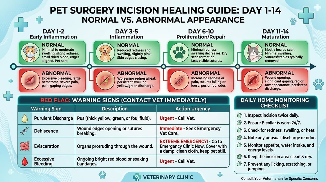Post-surgical incision monitoring guide showing normal healing versus concerning signs at different timepoints